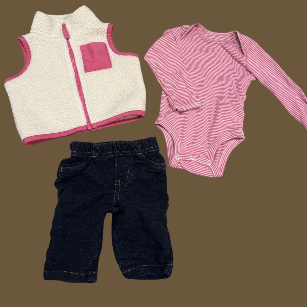 Carter’s Baby Girl 3-Piece Outfit | 3M | Sherpa Vest Set Pink